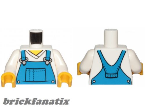 Lego figura torzo - V-Neck Shirt with Blue Overalls, Dotted Horizontal Line on Front Pocket - Printed Back Pattern / White Arms / Yellow Hands