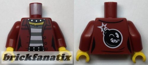 Lego minifigure Torso Female Prisoner Jacket over Black and White Striped Undershirt, Bomb on Back Pattern / Dark Red Arms / Yellow Hands