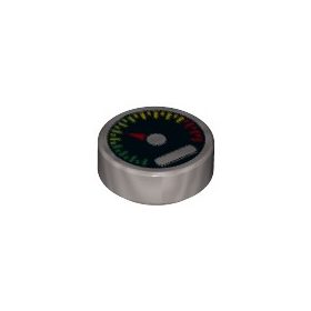   Lego Flat Tile 1x1, Round with Gauge with Red Pointer Pattern, Silver metallic