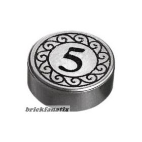 Lego Tile, Round 1 x 1 with Black Number 5 Coin Pattern