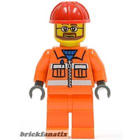   Lego minifigure City - Construction - Construction Worker - Orange Zipper, Safety Stripes, Orange Arms, Orange Legs, Red Construction Helmet, Beard and Glasses