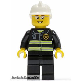   Lego minifigure City - Fire - Reflective Stripes, Black Legs, White Fire Helmet, Glasses, Open Mouth Smile