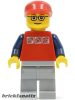 Lego figura City - Red Shirt with 3 Silver Logos, Dark Blue Arms, Light Bluish Gray Legs, Glasses