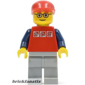   Lego figura City - Red Shirt with 3 Silver Logos, Dark Blue Arms, Light Bluish Gray Legs, Glasses