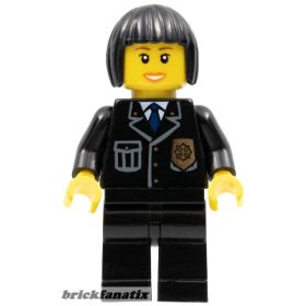   Lego minifigure City - Police - City Suit with Blue Tie and Badge, Black Legs, Black Bob Cut Hair
