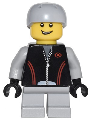 Lego figura City - Leather Jacket with Zipper, Red Lines and Logo Pattern, Light Bluish Gray Short Legs, Light Bluish Gray Sports Helmet