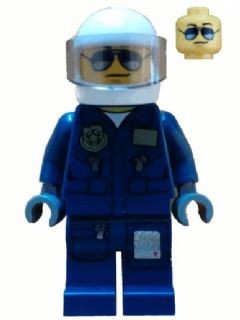 City - Forest Police - Helicopter Pilot, Dark Blue Flight Suit with Badge, Helmet, Black and Silver Sunglasses, Black Eyebrows