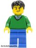 Lego figura City - Town - Green V-Neck Sweater, Blue Legs, Black Short Tousled Hair, Lopsided Grin