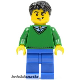   Lego minifigure City - Town - Green V-Neck Sweater, Blue Legs, Black Short Tousled Hair, Lopsided Grin