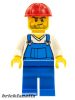 Lego minifigure City - Construction - Overalls Blue over V-Neck Shirt, Blue Legs, Red Construction Helmet, Crooked Smile and Scar