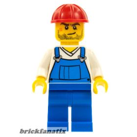   Lego minifigure City - Construction - Overalls Blue over V-Neck Shirt, Blue Legs, Red Construction Helmet, Crooked Smile and Scar
