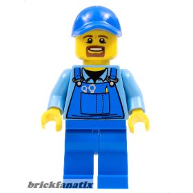   Lego minifigure City - Town - Overalls with Tools in Pocket Blue, Blue Cap with Hole, Brown Moustache and Goatee
