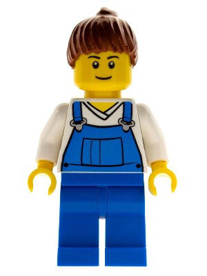 Lego Minifigure City - Farm Hand, Female, Overalls Blue over V-Neck Shirt, Thin Smile