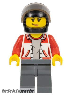  Lego Minifig City - Off road - ATV Driver - Female, Jacket with Number 8 on Back, Dark Bluish Gray Legs, Black Helmet