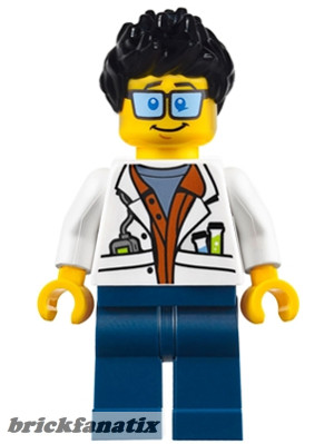 Lego figura City Jungle Scientist - White Lab Coat with Test Tubes, Dark Blue Legs, Black Ruffled Hair