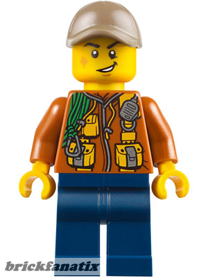 Lego figura City Jungle Explorer - Dark Orange Jacket with Pouches, Dark Blue Legs, Dark Tan Cap with Hole, Scuff Mark