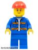 Lego figura City - Construction - Blue Jacket with Diagonal Lower Pockets and Orange Stripes, Blue Legs, Red Construction Helmet