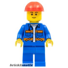   Lego minifigure City - Construction - Blue Jacket with Diagonal Lower Pockets and Orange Stripes, Blue Legs, Red Construction Helmet