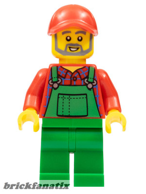 Lego minifigure City - Farmer - Red Cap and Flannel Shirt, Dark Bluish Gray Beard, Green Overalls