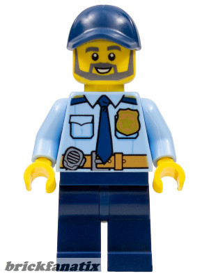 Lego Minifig City - Police - City Officer Shirt with Dark Blue Tie and Gold Badge, Dark Tan Belt with Radio, Dark Blue Legs, Dark Blue Cap, Full Beard
