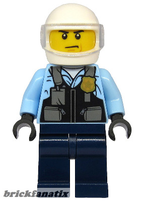 Lego figura City - Police - City Motorcyclist, Safety Vest with Police Badge, Dark Blue Legs, White Helmet, Trans-Clear Visor