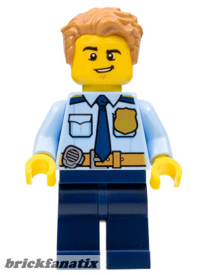  Lego Minifig City - Police - City Officer Shirt with Dark Blue Tie and Gold Badge, Dark Tan Belt with Radio, Dark Blue Legs, Medium Nougat Tousled Hair