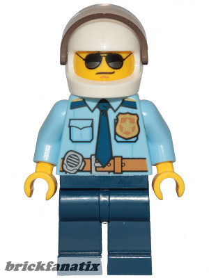 Lego figura City - Police - City Officer Shirt with Dark Blue Tie and Gold Badge, Dark Tan Belt with Radio, Dark Blue Legs, White Helmet, Sunglasses