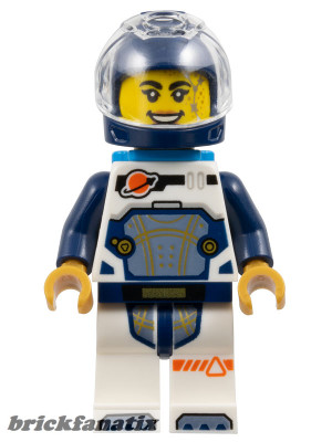 Lego figura City - Space - Astronaut - Female, White Spacesuit with Dark Blue Arms, Dark Blue Helmet, Trans-Clear Visor, Dark Azure Jet Pack