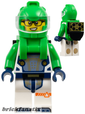 Lego figura City - Space - Astronaut - Male, White Spacesuit with Bright Green Arms, Bright Green Helmet, Trans-Clear Visor, Bright Green Harness with Solar Panel, Glasses
