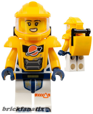 Lego figura City - Space - Astronaut - Female, White Spacesuit with Bright Light Orange Arms, Bright Light Orange Helmet, Trans-Clear Visor, Bright Light Orange Armor with Black Bar Handle