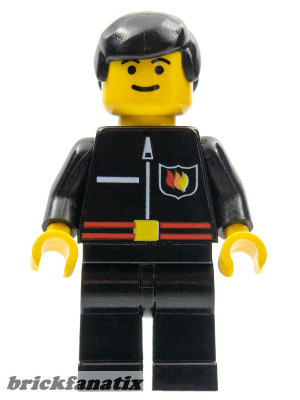  Lego Minifig Town - Fire - Flame Badge and Straight Line, Black Legs, Black Male Hair