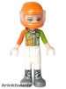 Lego figura Friends Mia - White Trousers, Lime and Orange Racing Jacket, Orange Racing Helmet with Dark Red Ponytail