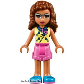   Lego figura Friends Olivia (Nougat) - Bright Light Yellow Vest over Dark Azure Shirt and Dark Pink Tie, Dark Pink Shorts