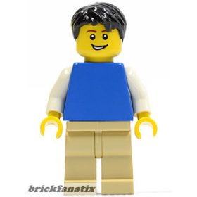   Lego figura Town - Plain Blue Torso with White Arms, Tan Legs, Black Short Tousled Hair