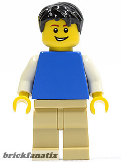 LEGO Minifig Town - Plain Blue Torso with White Arms, Tan Legs, Black Short Tousled Hair