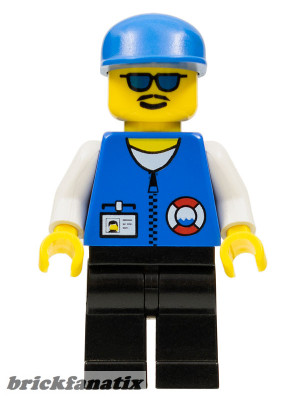 Lego Minifig Town - Coast Guard City Center - White Collar & Arms, Black Legs, Blue Cap, Sunglasses