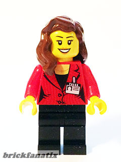 Lego Minifig Speed Champions - Camerawoman - Red Suit Jacket with Press Pass, Black Legs, Reddish Brown Female Hair over Shoulder, Open Mouth Smile with Peach Lips