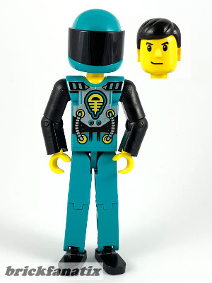 Lego figura Technic Figure Dark Turquoise Legs, Dark Turquoise Torso with Yellow, Black, Silver Pattern, Black Arms, Dark Turquoise Helmet, Black Visor