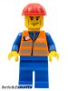 Lego Minifigure Train - Orange Vest with Safety Stripes - Blue Legs, Brown Eyebrows and Cheek Lines, Red Construction Helmet