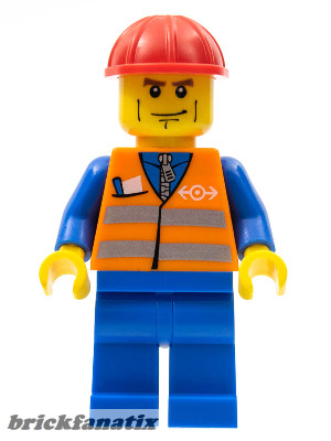 Lego Minifigure Train - Orange Vest with Safety Stripes - Blue Legs, Brown Eyebrows and Cheek Lines, Red Construction Helmet