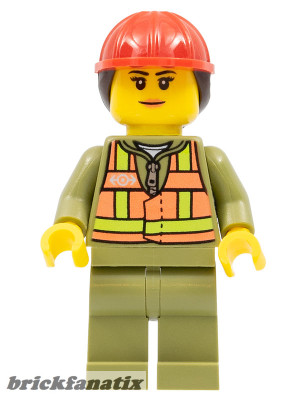 Lego Minifigure Train Worker - Female, Orange Safety Vest with Lime Straps, Olive Green Legs, Red Construction Helmet with Dark Brown Ponytail Hair