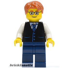   Lego figura Town - Black Vest with Blue Striped Tie, Dark Blue Legs, White Arms, Dark Orange Short Tousled Hair, Rectangular Glasses