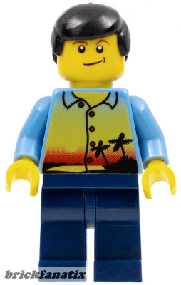 Lego Minifig Town - Sunset and Palm Trees - Male, Dark Blue Legs, Black Male Hair, Lopsided Smile