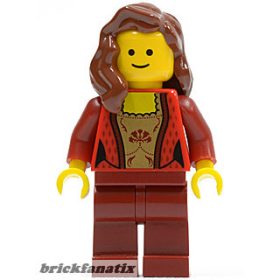   Lego figura Town - Female Corset with Gold Panel Front and Lace Up Back Pattern, Dark Red Legs, Reddish Brown Female Hair over Shoulder