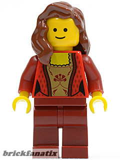 Lego minifigure Town - Female Corset with Gold Panel Front and Lace Up Back Pattern, Dark Red Legs, Reddish Brown Female Hair over Shoulder