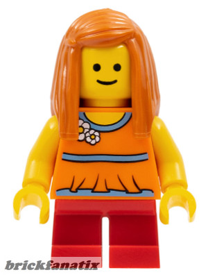  Lego Minifig Town - Child, Girl, Orange Torso Halter Top with Medium Blue Trim and Flowers Pattern, Short Legs