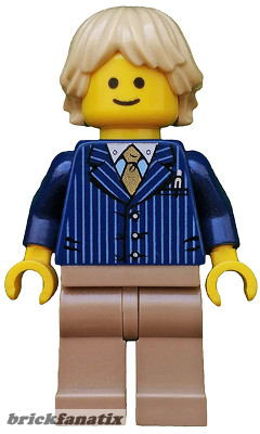 Lego figura Town - Businessman Pinstripe Jacket and Gold Tie, Dark Tan Legs, Tan Tousled and Layered Hair