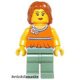   Lego figura Town - Orange Halter Top with Medium Blue Trim and Flowers Pattern, Sand Green Legs, Dark Orange Hair