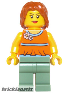 Lego figura Town - Orange Halter Top with Medium Blue Trim and Flowers Pattern, Sand Green Legs, Dark Orange Hair
