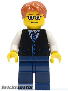 Lego Minifig Town - Black Vest with Blue Striped Tie, Dark Blue Legs, White Arms, Dark Orange Short Tousled Hair, Rectangular Glasses
